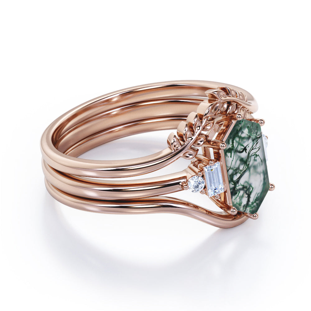 Vintage Double Chevron 1.1 carat Hexagon shaped Moss Green Agate and diamond forest inspired engagement ring in Black gold