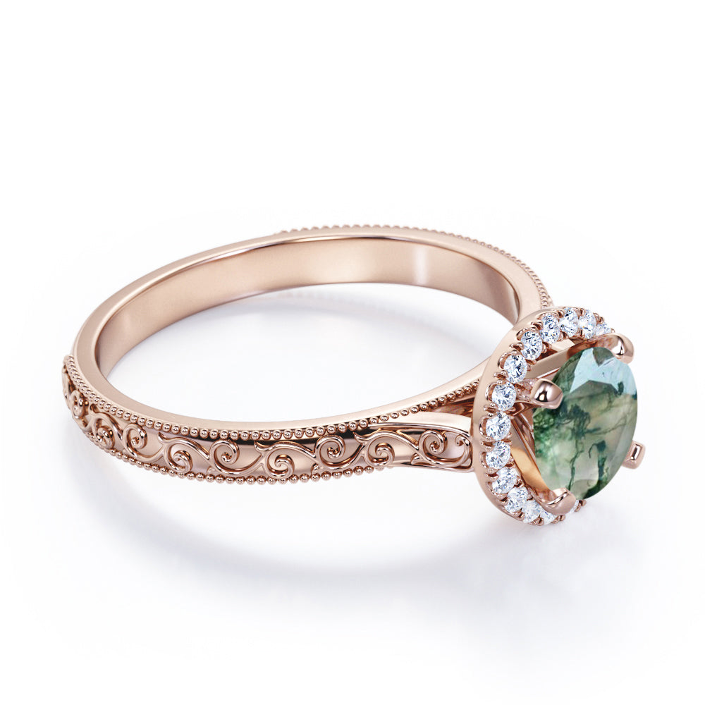 1.25 carat Round cut Moss Agate and diamond Edwardian filigree and halo engagement ring in Black gold