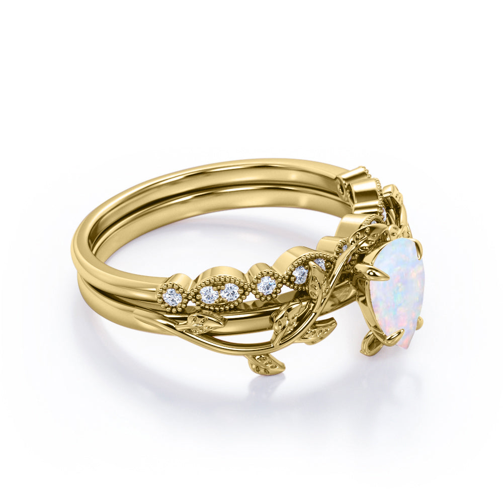 Art deco 1.15 carat Nature-inspired Pear cut Solid welo Opal with half-pave milgrain diamond Wedding ring set for women