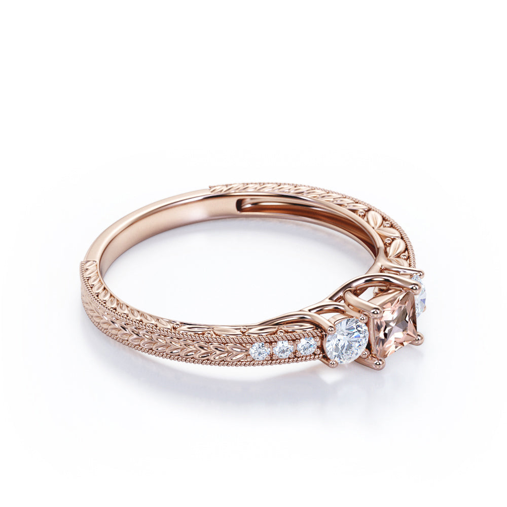 Modern 1.1 carat Princess cut Peach pink Morganite and diamond-3 stone engagement ring-leaf filigree ring for her