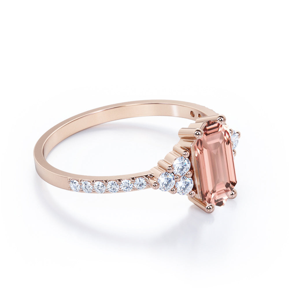 Elongated 1.5 carat Hexagon shaped Morganite and diamond pave eternity engagement ring in Black gold