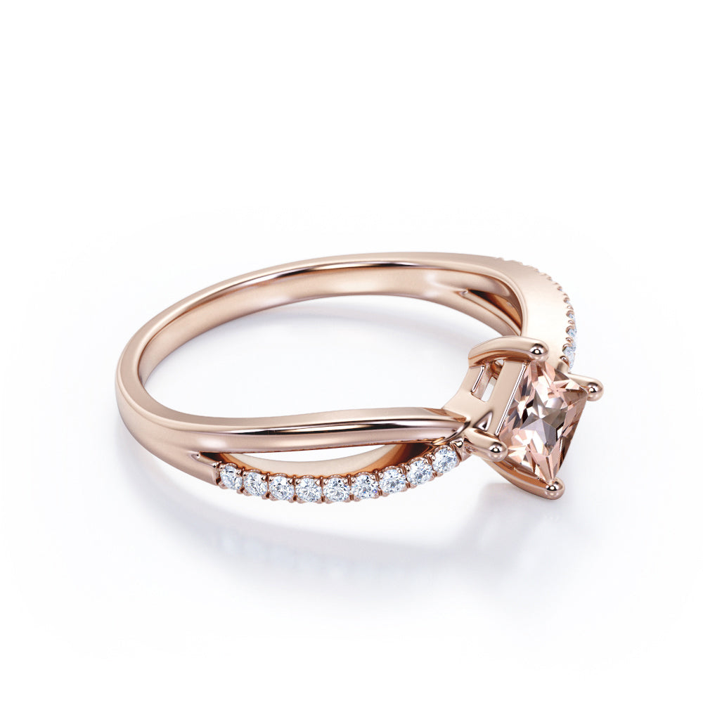 Exquisite 1.25 carat Princess cut Morganite and diamond - compass prong setting - Split Shank engagement ring for women