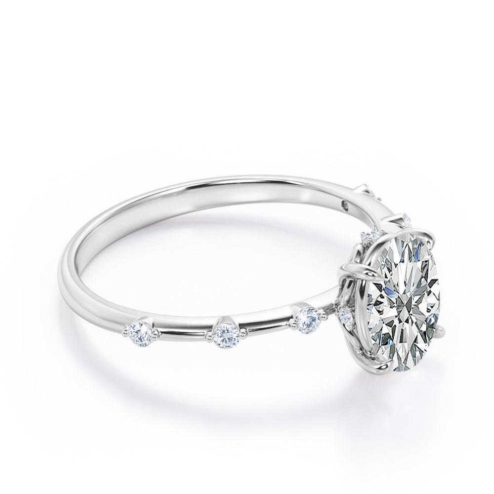 Delicate twig 1 carat Oval shaped Moissanite and diamond 7 stone engagement ring for her in rose gold
