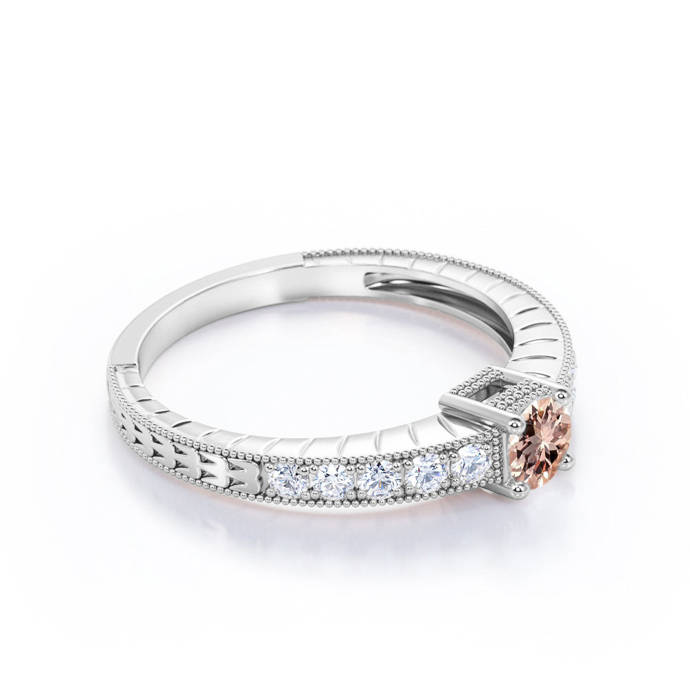Art deco Milgrain 0.75 carat Round cut Peach Morganite and diamond basket set engagement ring in Rose gold-Anniversary rings