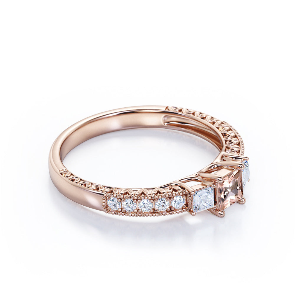 Petite Milgrain 0.75 carat Princess cut Morganite and diamond 3 stone engagement ring in White gold