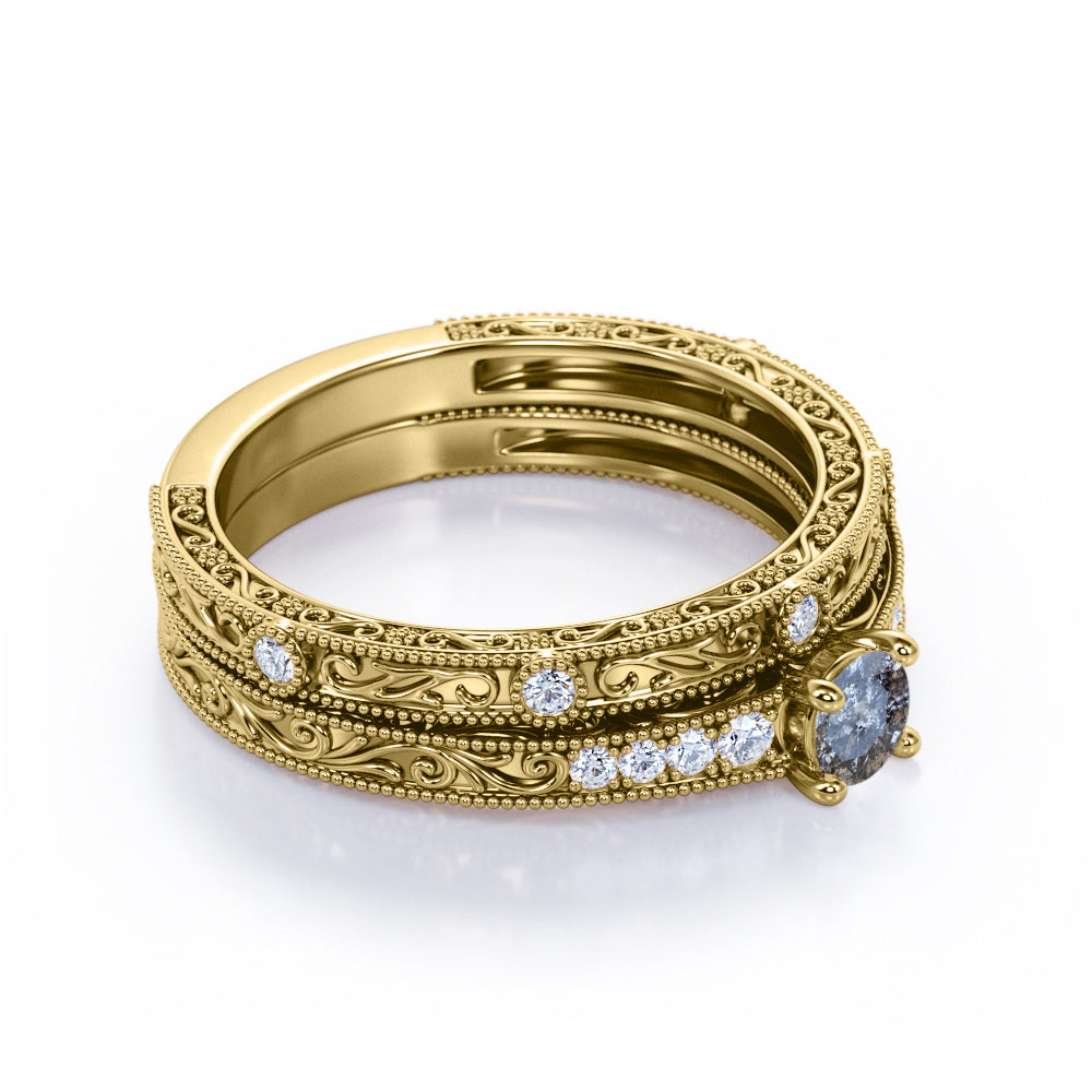 Flawless Edwardian art deco 0.7 carat Round cut Salt and pepper diamond and White diamond filigree wedding ring set in Rose gold