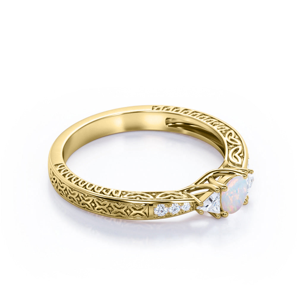 Contemporary style Filigree 0.75 carat Round cut Ethiopian Opal and diamond triangle engagement ring for her