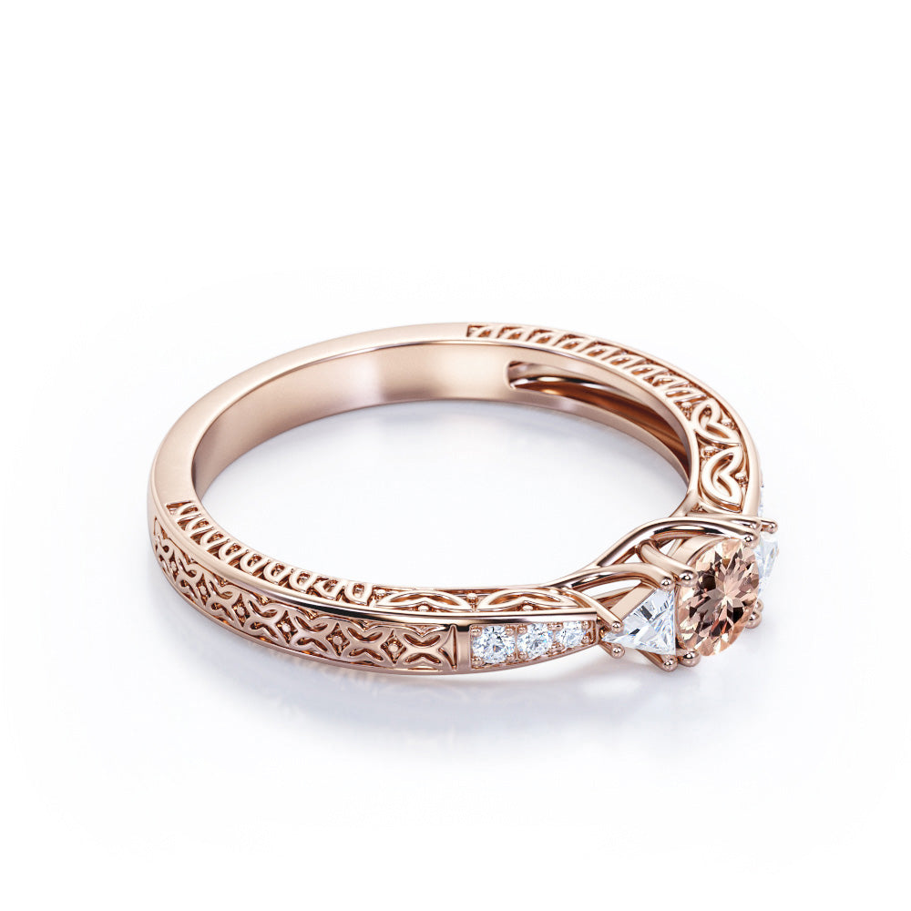 Trillion 0.75 carat Round cut Peach Morganite and diamond vintage baguette engagement ring in Yellow gold
