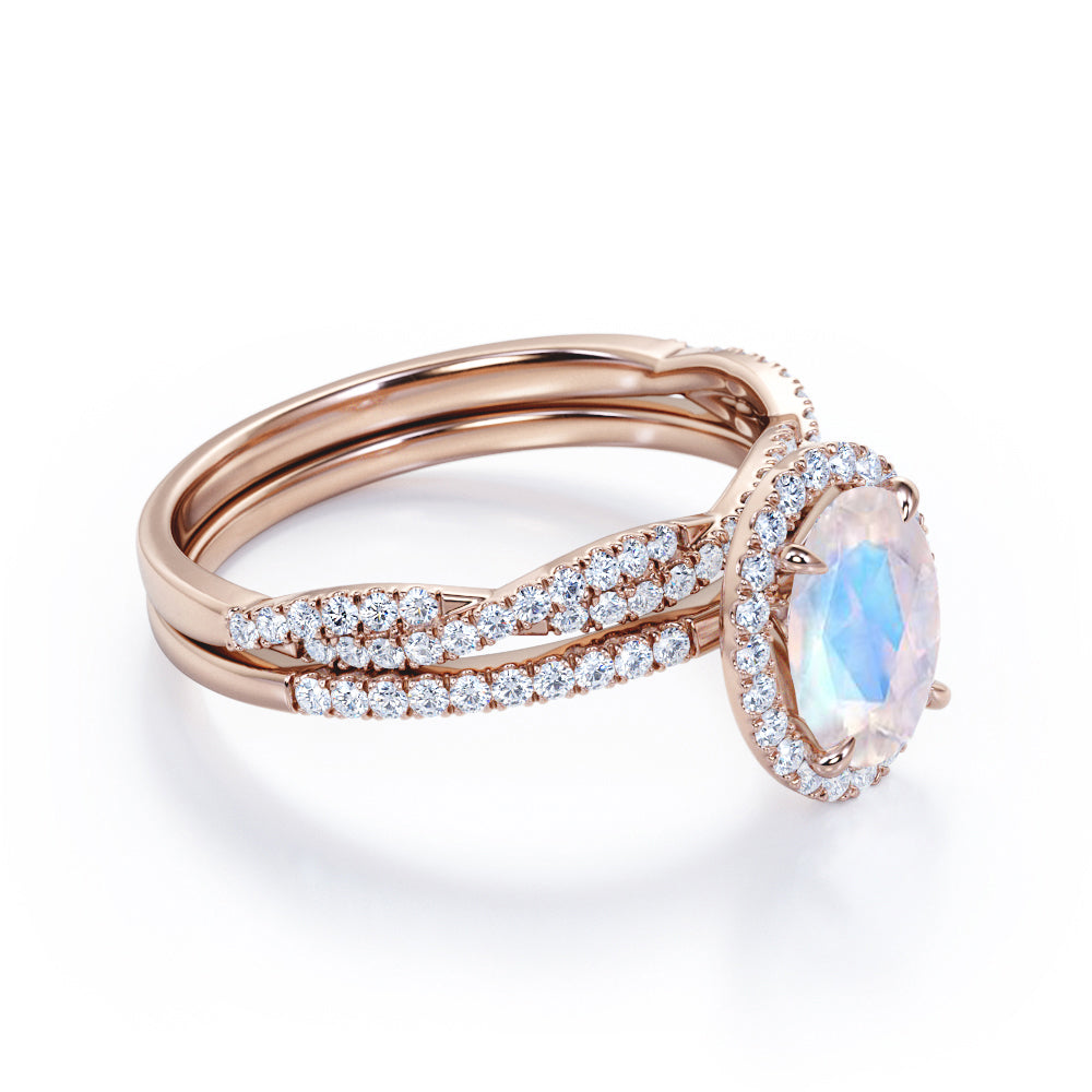 Vintage Halo 1.75 carat Oval cut Moonstone Promise ring and diamond infinity wedding ring band- Bridal set in White gold
