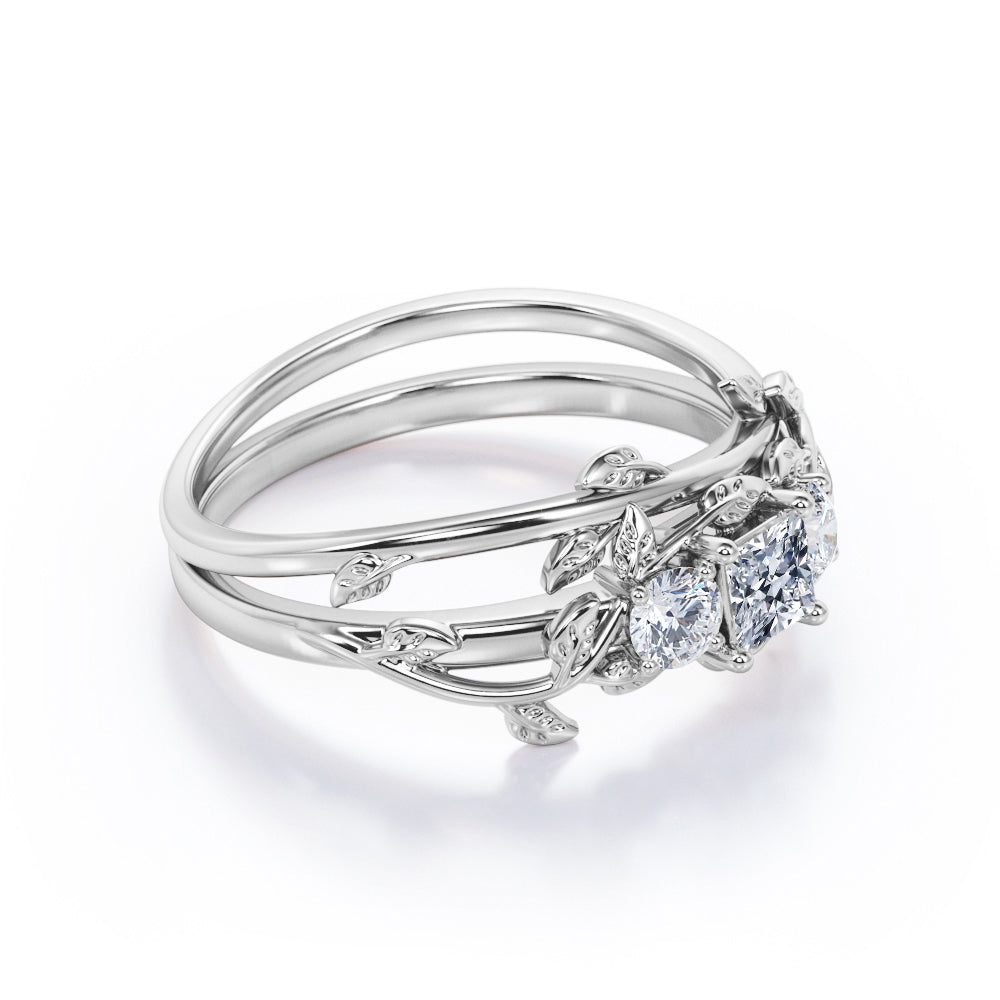 Nature inspired 1.15 carat Princess cut Moissanite and diamond three stone wedding ring set for her