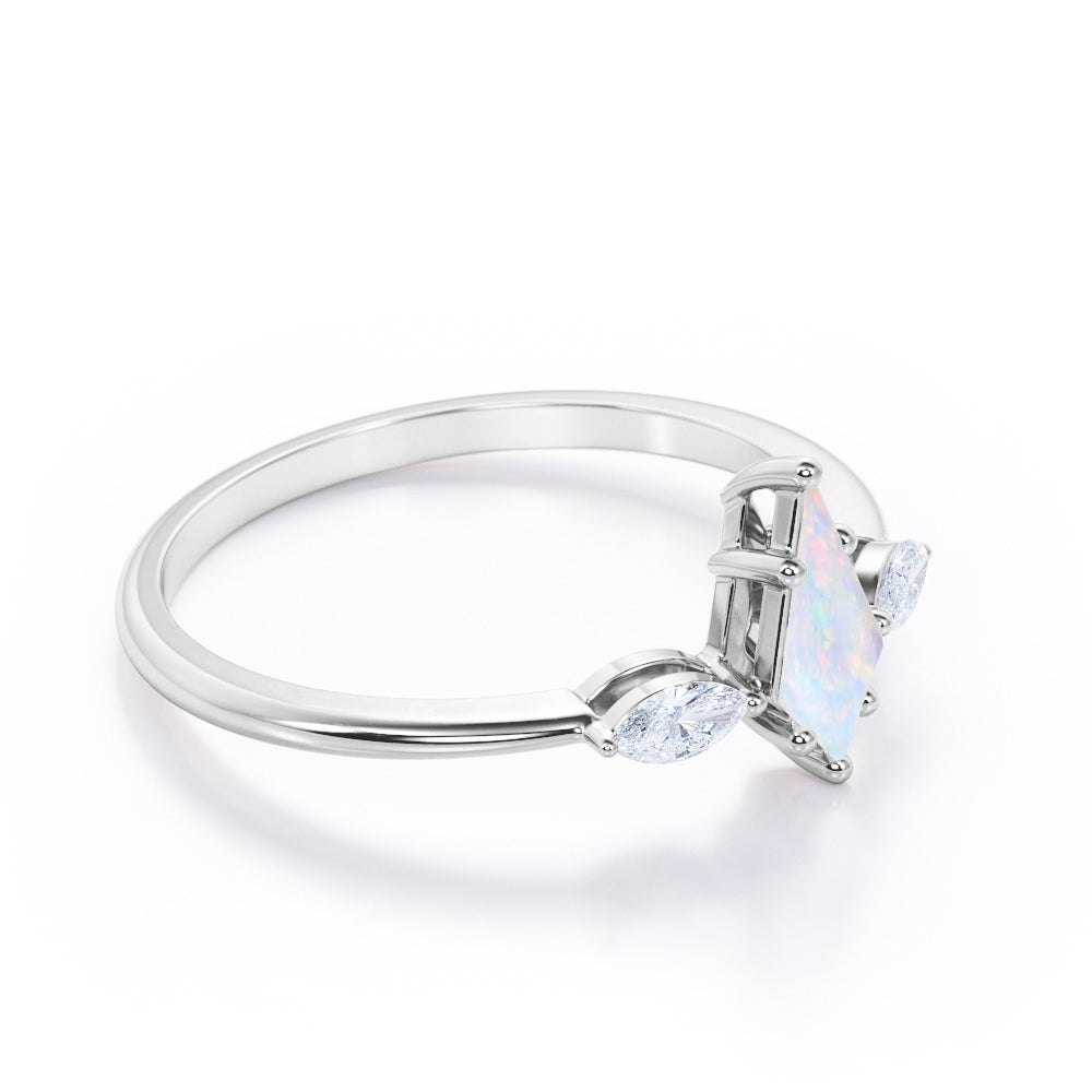 Unique Trillion 1.1 carat Kite cut Ethiopian Opal and marquise diamond-vintage inspired-pinched shank engagement ring in White gold