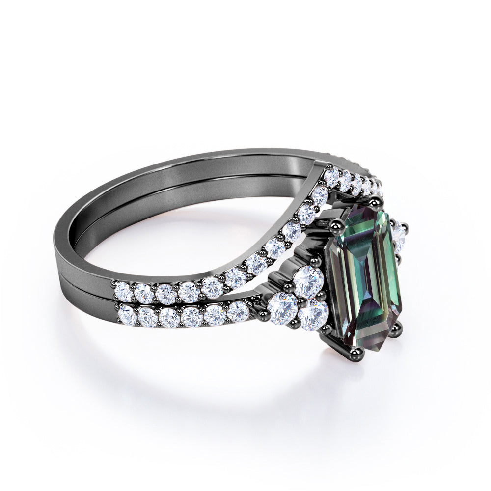 Pave Chevron 1.7 carat Hexagon shaped Lab made Alexandrite and diamond wedding ring set for her in White gold
