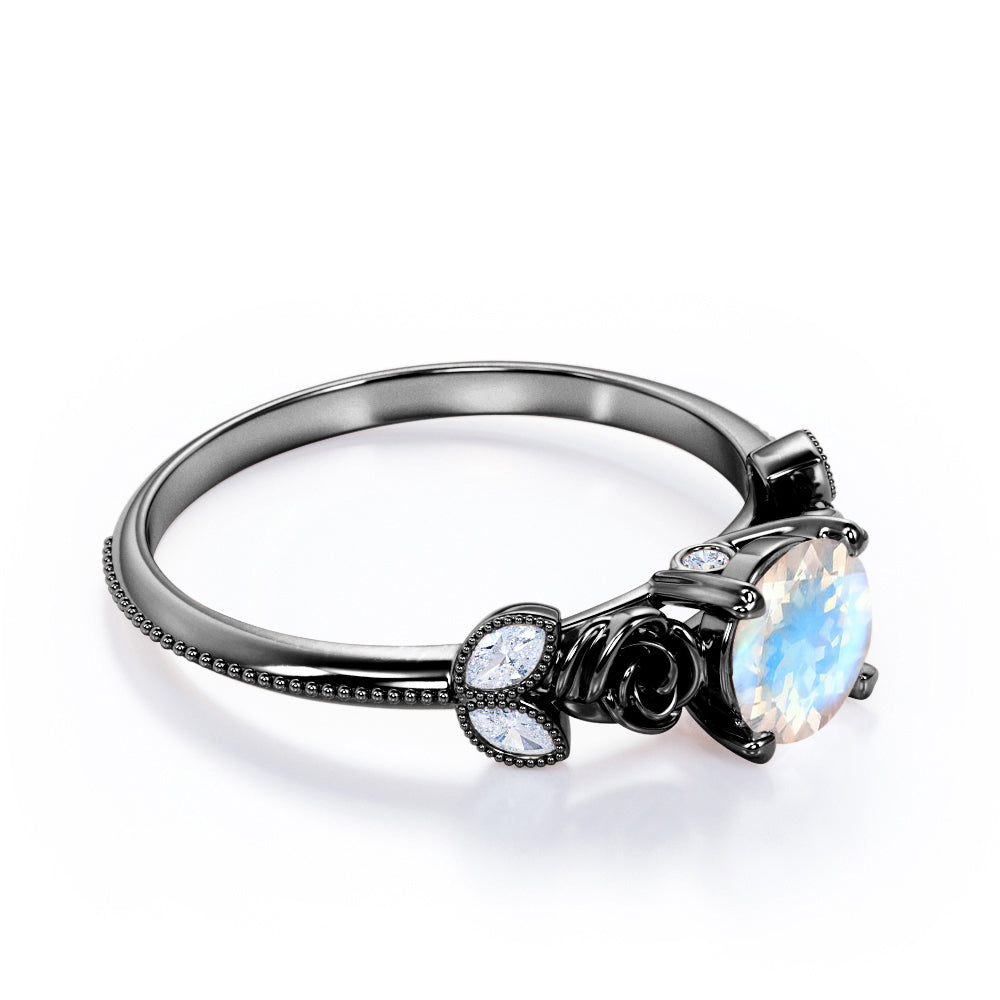 Vintage Rose 1.1 carat Round cut Blue Moonstone and marquise diamond engagement ring in White gold