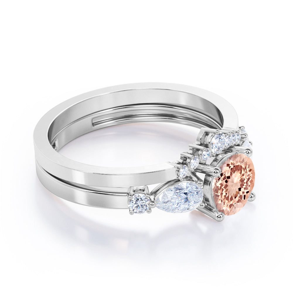 Modern Crown 1.35 carat Round cut Peach pink Morganite and diamond wedding ring set for her in Black gold