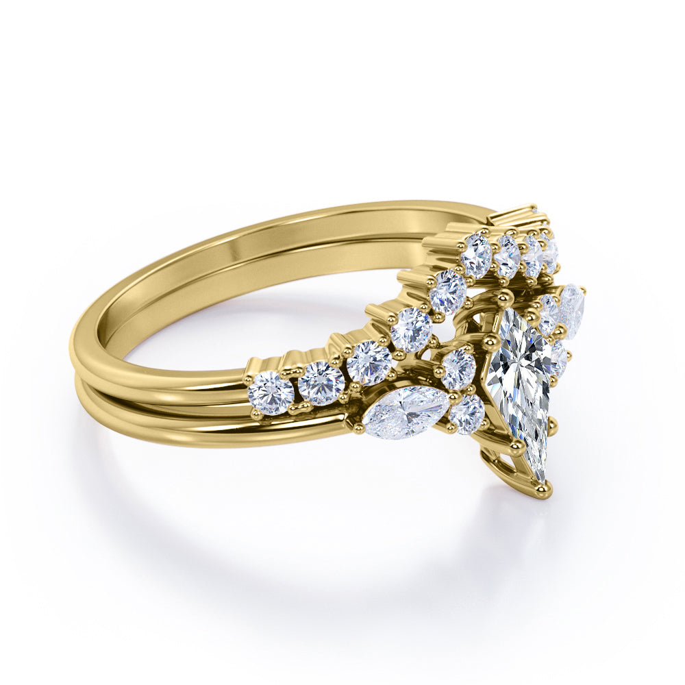 Prong style 1.40 carat Kite shaped Moissanite and diamond vintage inspired Bridal set in Rose gold