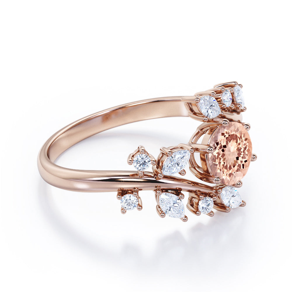 Open setting 1.25 carat Round cut Morganite and diamond floral inspired engagement ring in White gold