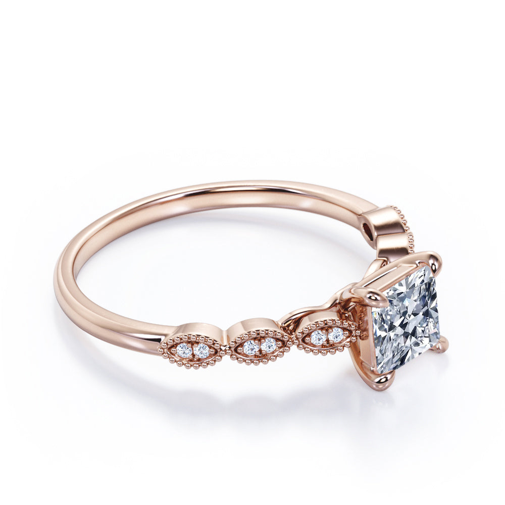 Claw prong setting 1.15 carat Princess cut Moissanite and diamond bead décor engagement ring in White gold