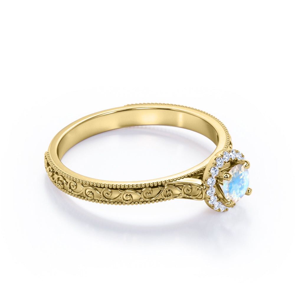 Ornamental Filigree 1.2 carat Round cut Moonstone and diamond halo engagement ring for women in Rose gold