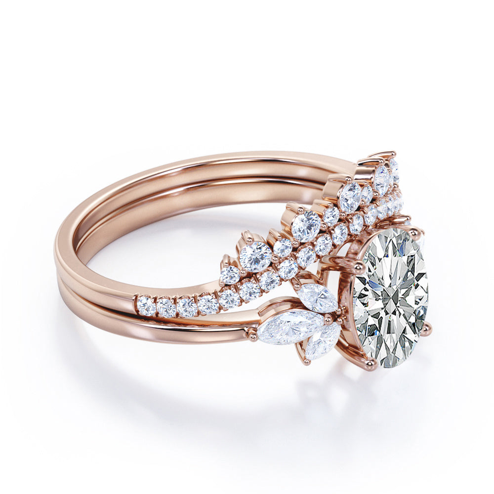 Vintage Sparkle 1.4 carat Oval cut Moissanite and diamonds chevron Bridal set for her in White gold