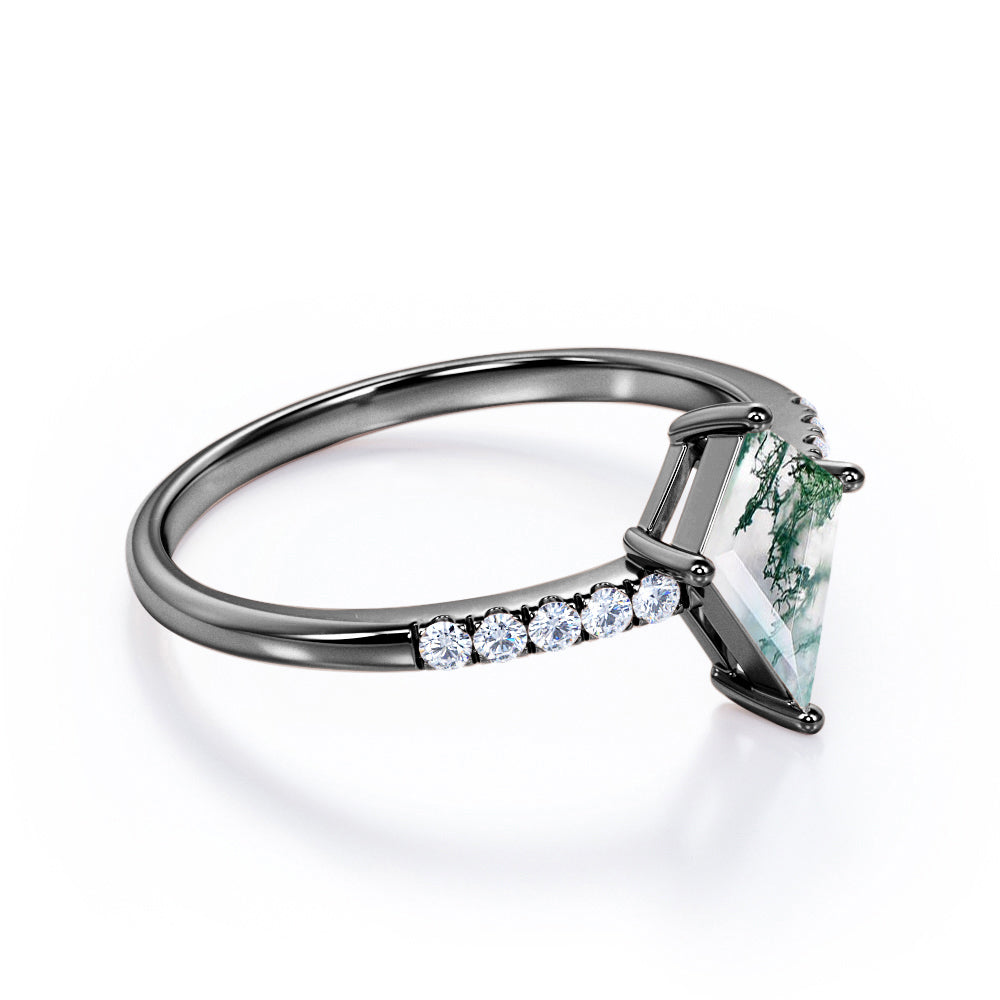 Classic Pave 1.2 carat Kite shaped Moss Green Agate and diamond 4 prong engagement ring in White gold