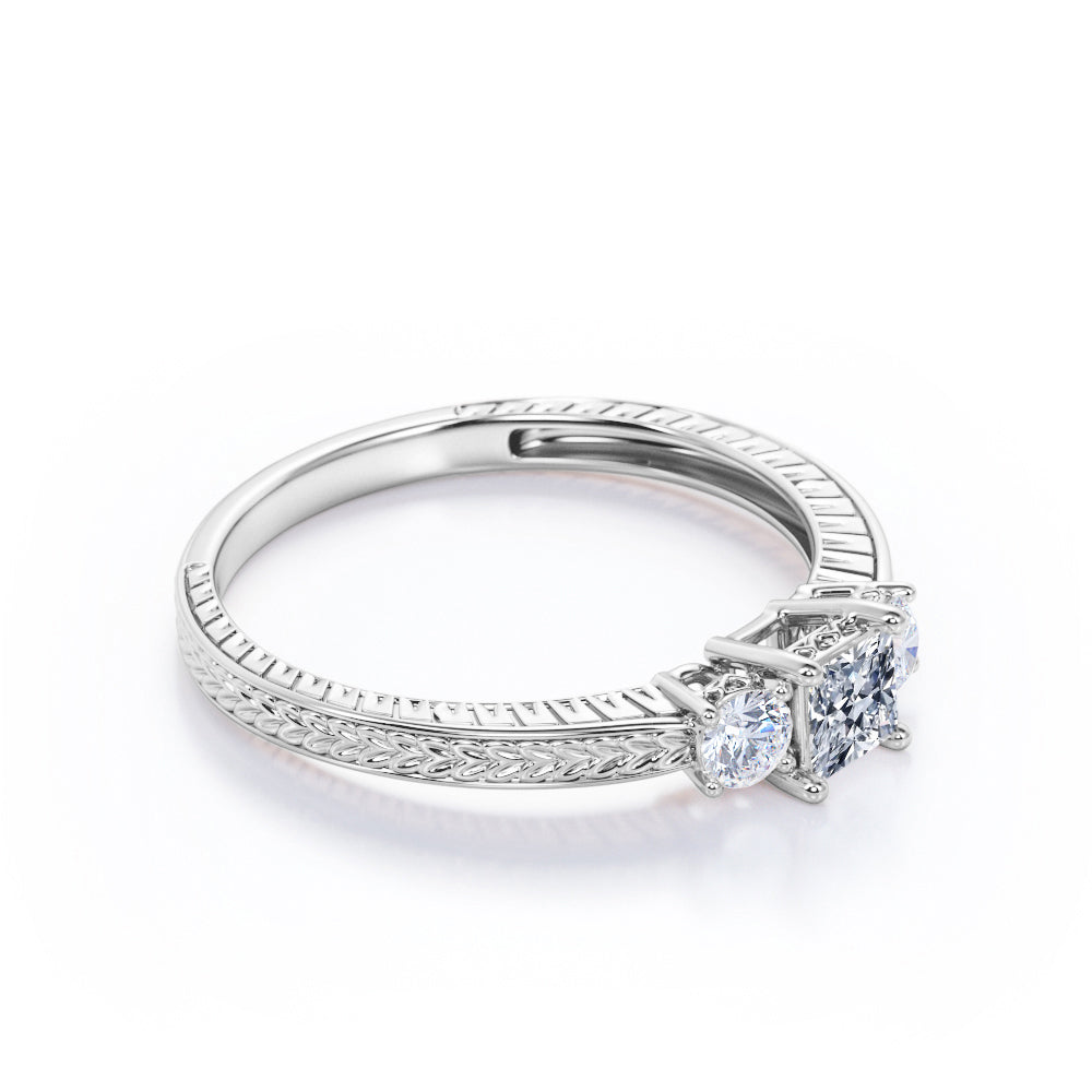 Past, Present and Future 1.1 carat Princess cut Moissanite and diamond Basket set - Filigree wedding ring set for women in gold