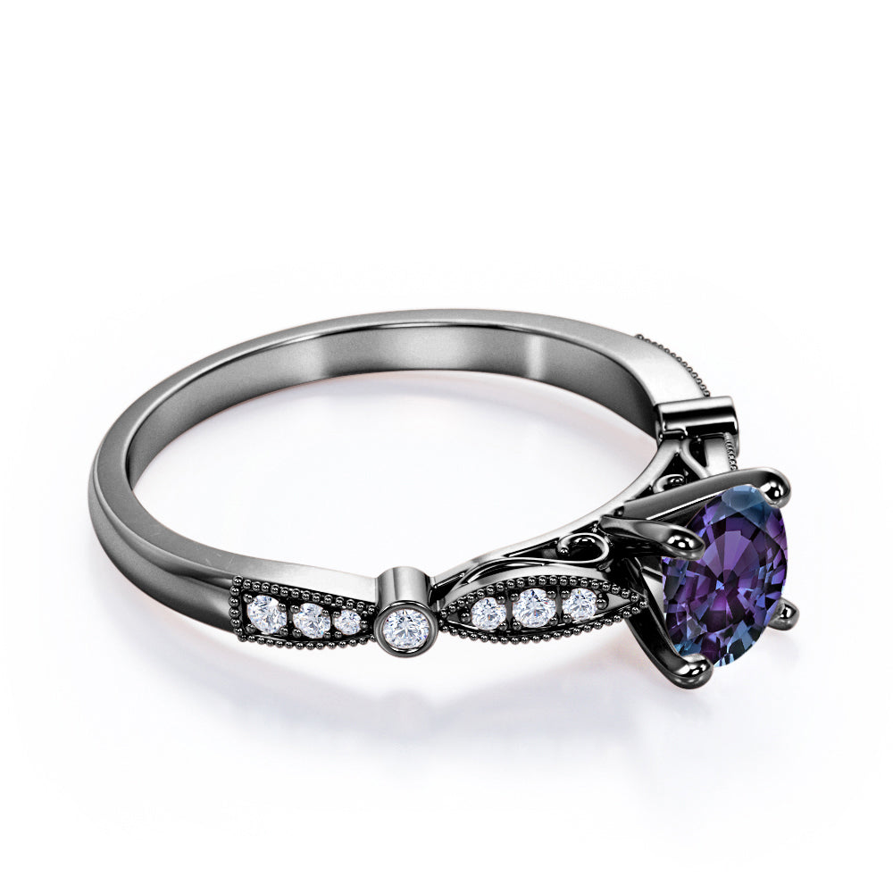 Claw Cathedral setting 1.15 carat Round cut Lab created Alexandrite and diamond art deco engagement ring in White gold