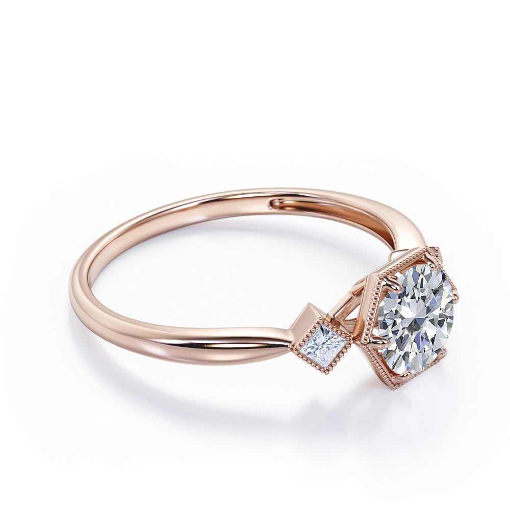 Trilogy Milgrain 1 carat Round cut Moissanite and diamonds tapered shank engagement ring in White gold