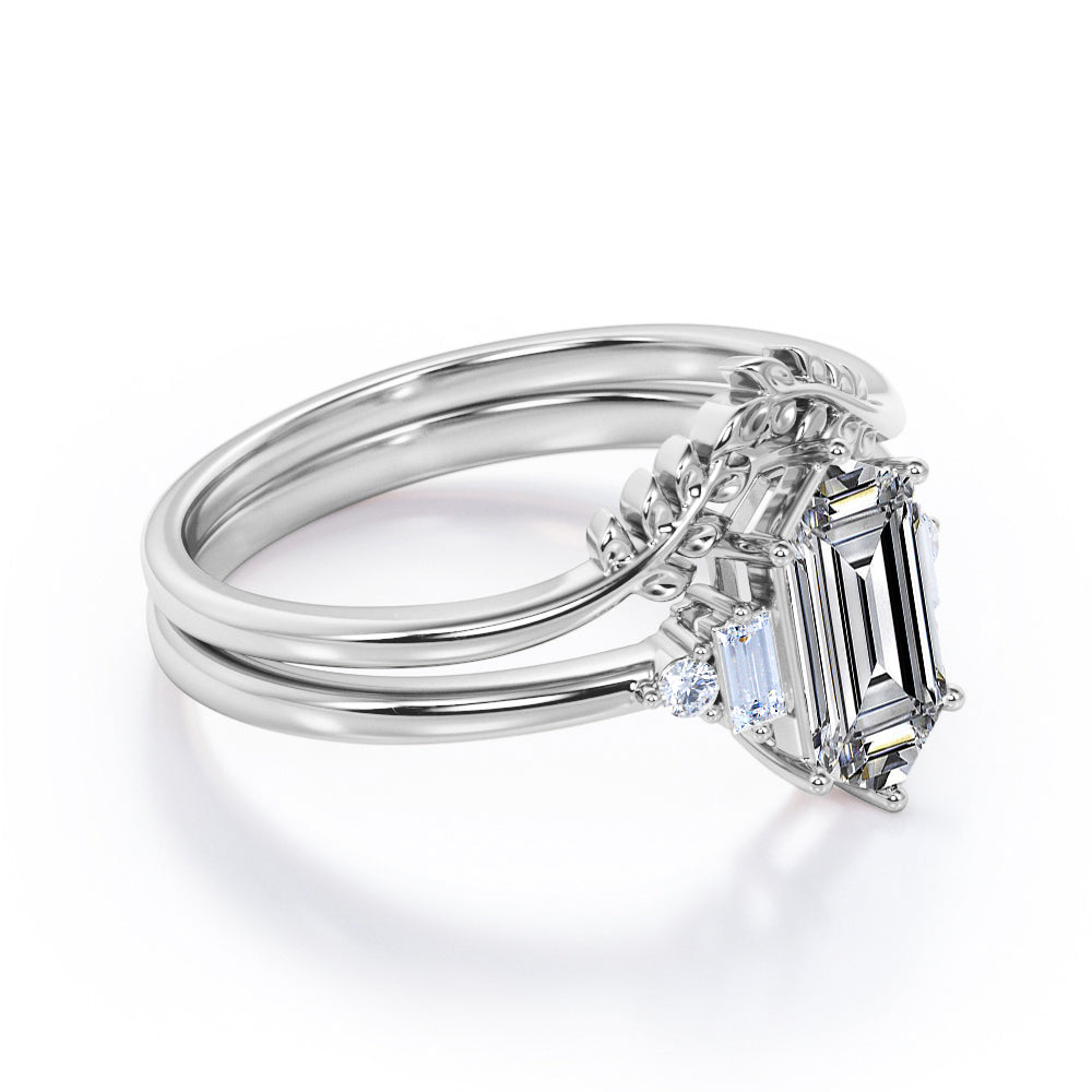 Vintage leaf design 1.1 carat Hexagon shaped Moissanite and diamond wedding ring set for women in Black gold