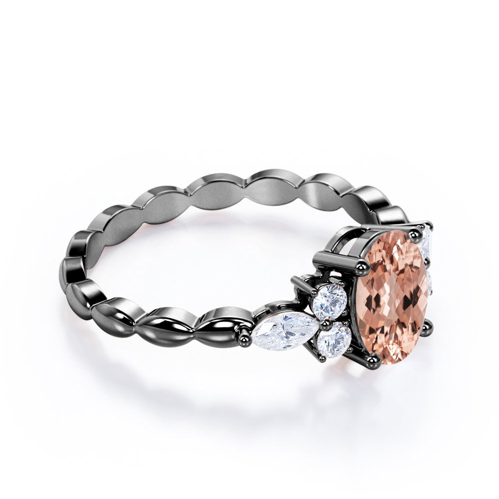 Twisted Bands 1.15 carat Oval shaped Peach Morganite and diamond flower style engagement ring in White gold