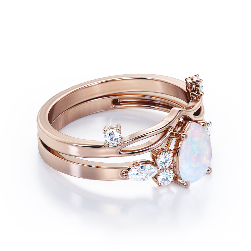 Mid century-Modern inspired 1.35 carat Pear cut Opal and diamond vintage art deco bridal set for her in White gold