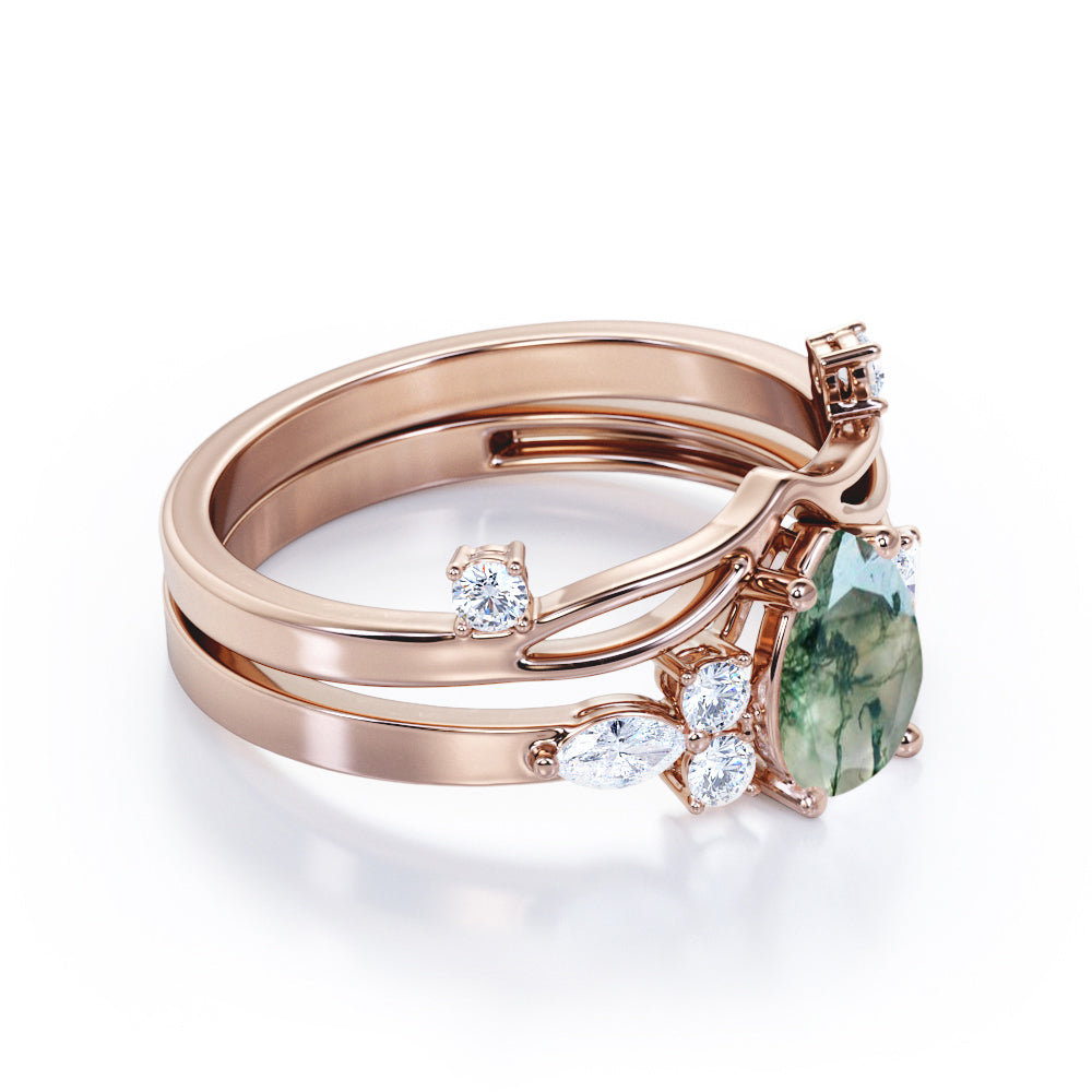 Beveled Chevron 1.25 carat Pear cut Moss Green Agate and diamond Split shank wedding ring set in Black gold