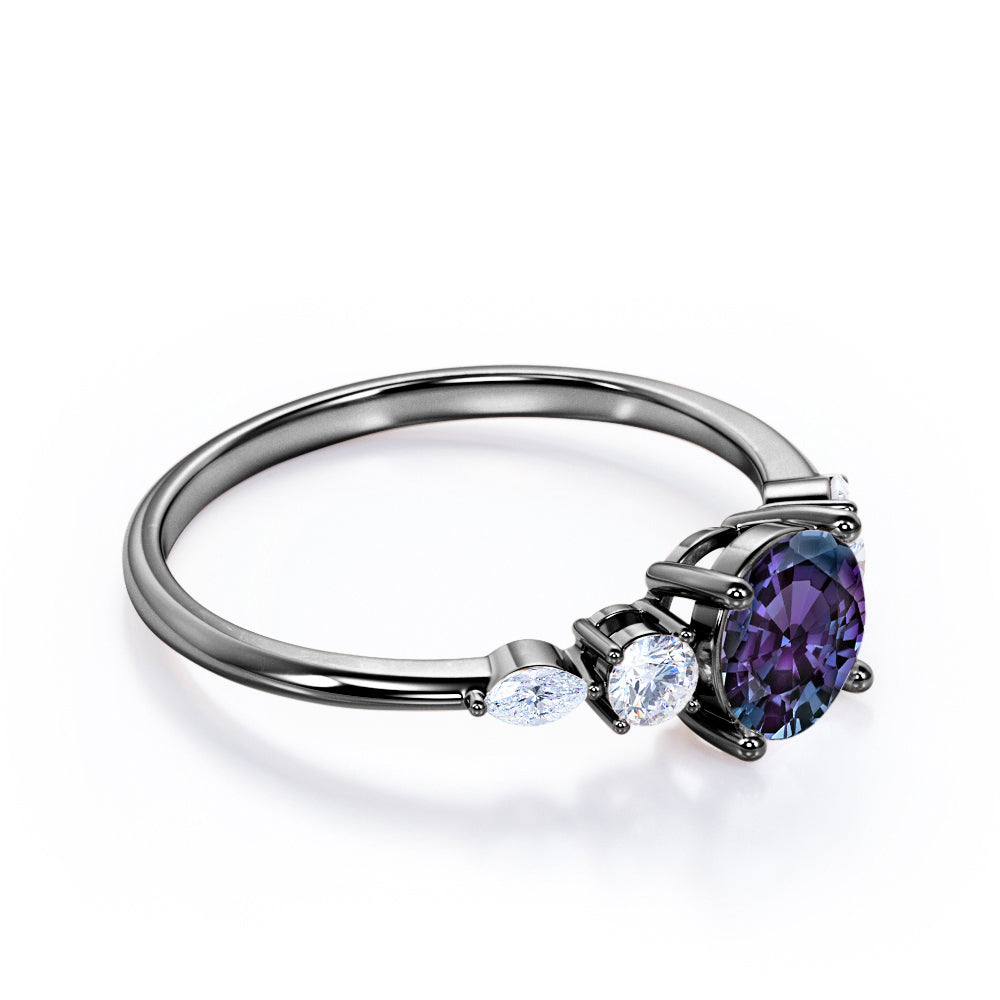 Button Prong style 0.65 carat Round cut Synthetic Alexandrite and diamond five stone engagement ring in White gold