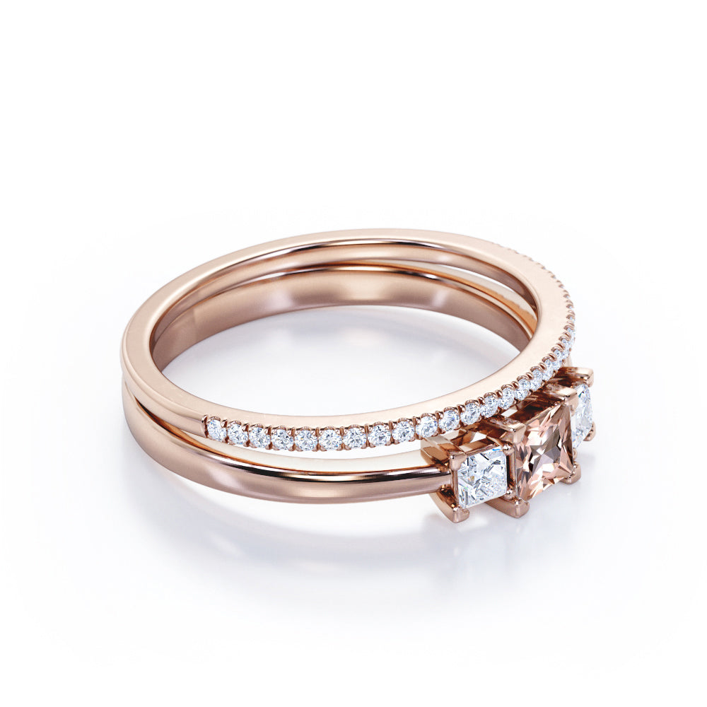 Triple stone 0.85 carat Princess cut Pink Morganite and diamond eternity wedding ring set for women in Yellow gold