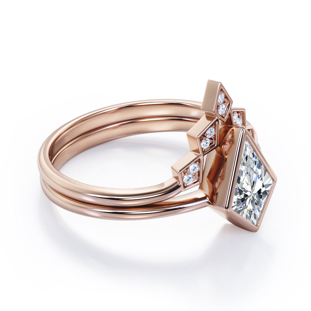 Kite Chevron 1.15 carat Moissanite and diamonds bezel wedding ring set for her in White gold