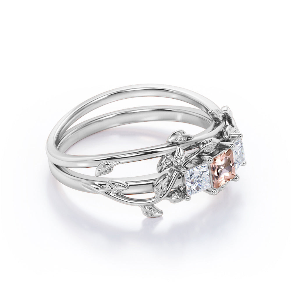 Past, Present, Future 1.1 carat Princess cut Morganite and diamond earthy engagement ring set in White gold-Bridal set