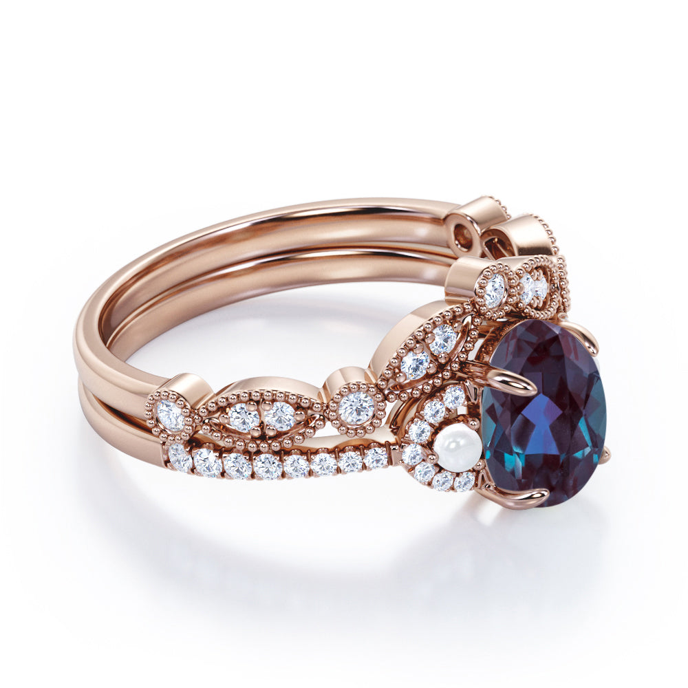 Vintage Milgrain 1.75 carat Oval cut Lab created Alexandrite, diamond and freshwater pearl wedding ring set in Rose gold