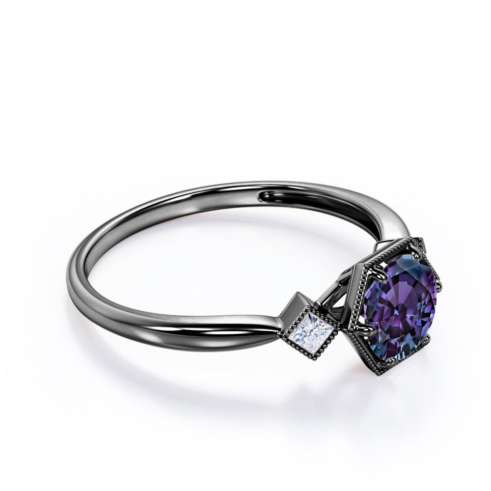 Past, Present and Future 0.6 carat Round cut Alexandrite milgrain setting-tapered shank engagement ring in Rose gold
