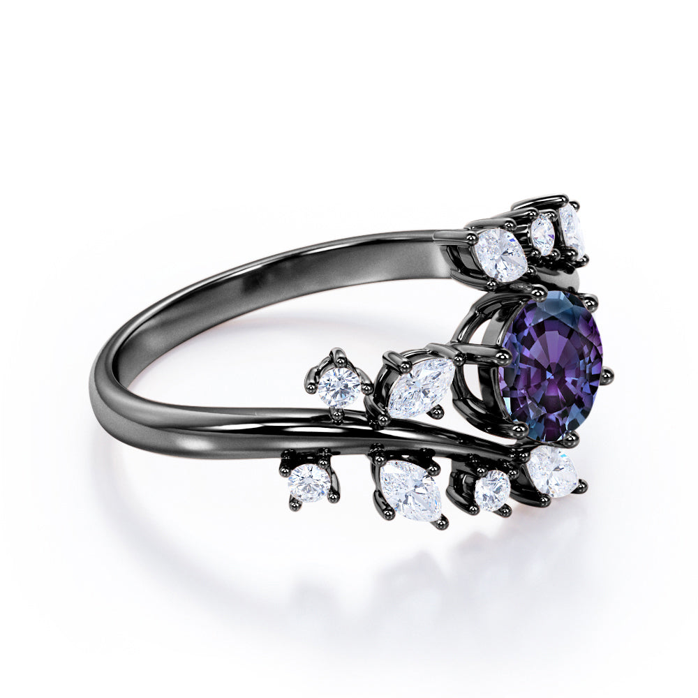 Art Nouveau 1.25 carat Round cut Alexandrite and diamond floral inspired engagement ring in White gold