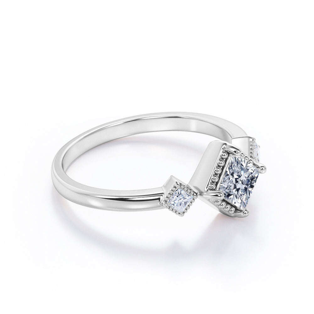 Three stone Bezel set 1.1 carat Princess cut Moissanite and diamond Milgrain wedding ring set for her in White gold