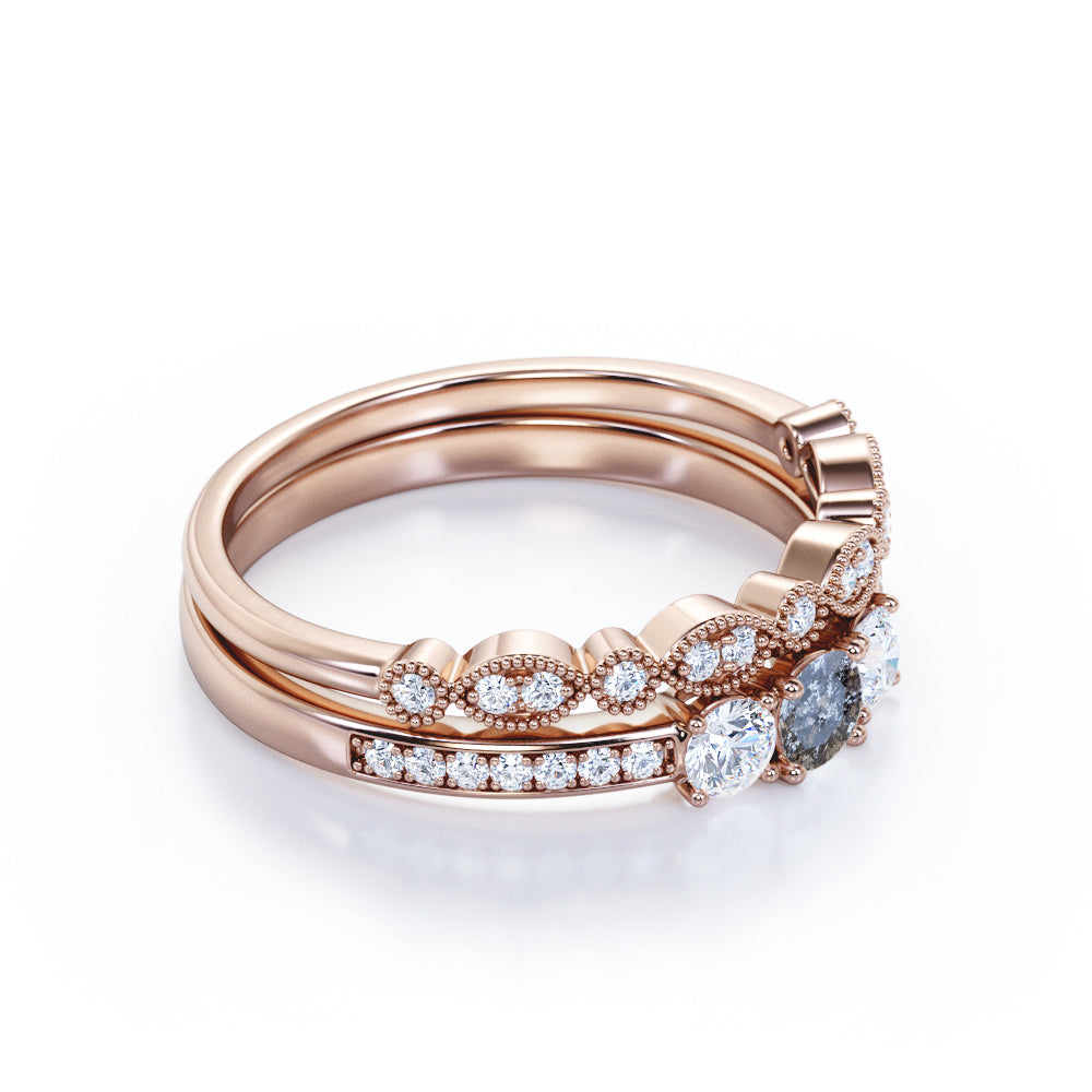 Channel trinity 0.8 carat Round cut Salt and pepper diamond and white diamond bridal wedding ring set in Yellow gold
