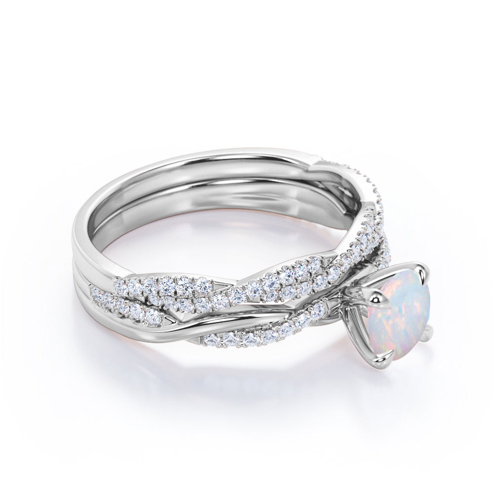 Infinity twist 1.45 carat Round cut natural Ethiopian Opal and diamond Art deco Wedding Bridal ring set in White gold