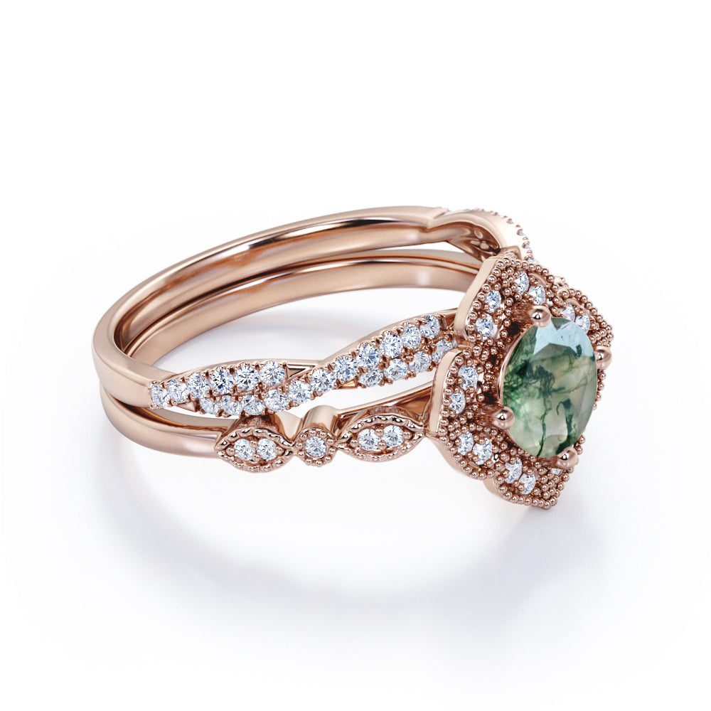 Cluster Flower style 1.55 carat Round cut Moss Green Agate Milgrain Engagement ring with Infinity diamond wedding band for women - Wedding ring set