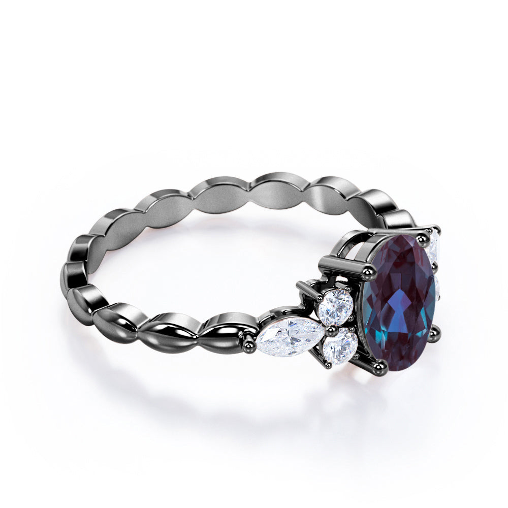 Scalloped bands 1.1 carat Oval cut Lab made Alexandrite and diamond prong style setting engagement ring in White gold