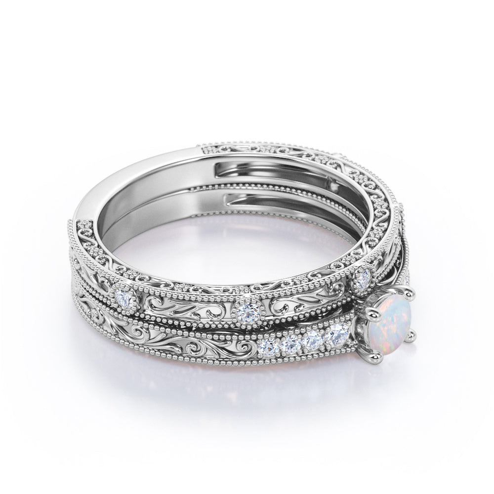 Authentic art deco 0.45 carat Round cut Ethiopian Opal and diamond Edwardian filigree Bridal set in Rose gold