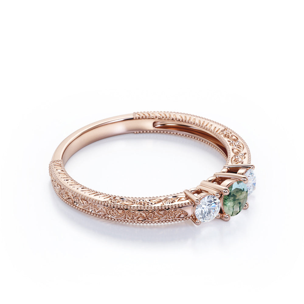 Past Present future 0.6 carat Round cut Moss Green Agate Milgrain Filigree Engagement ring in White gold