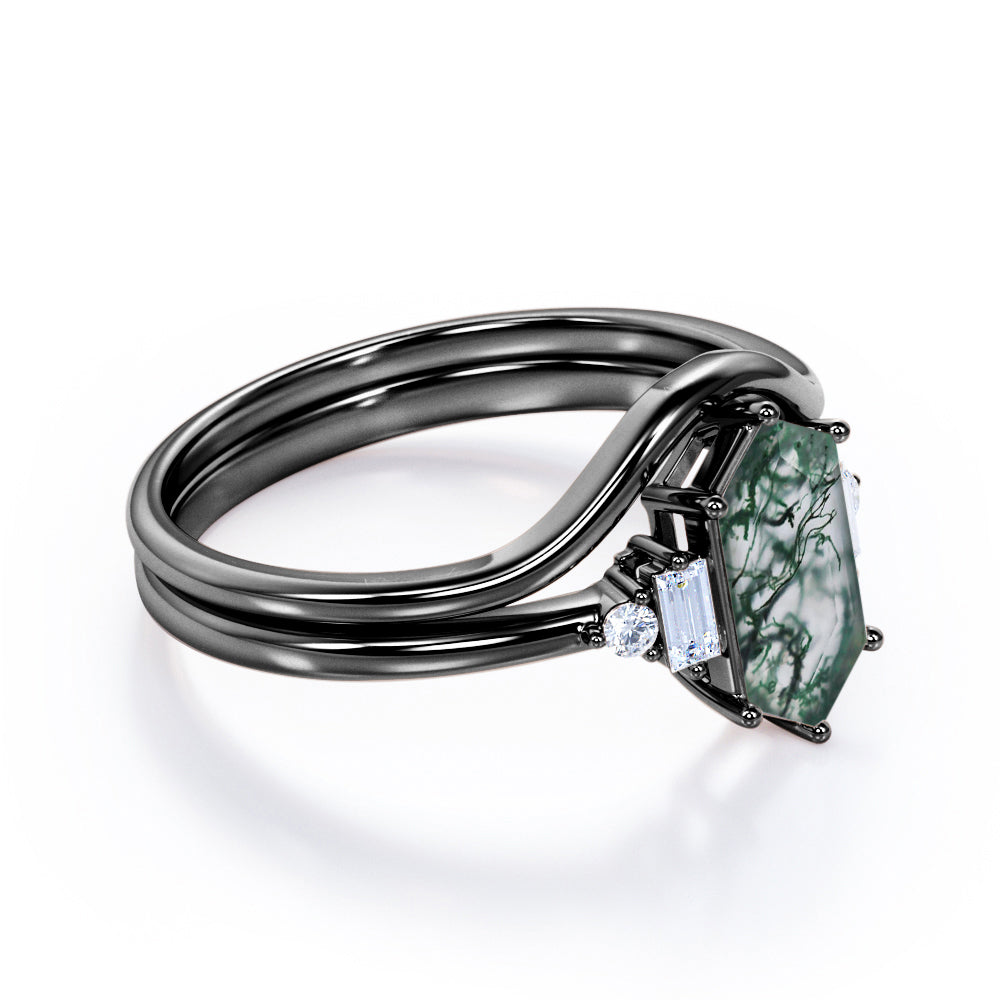 Plain Chevron Band 1.1 carat Hexagon shaped Moss Green Agate and diamond 5 stone Bridal ring set in White gold