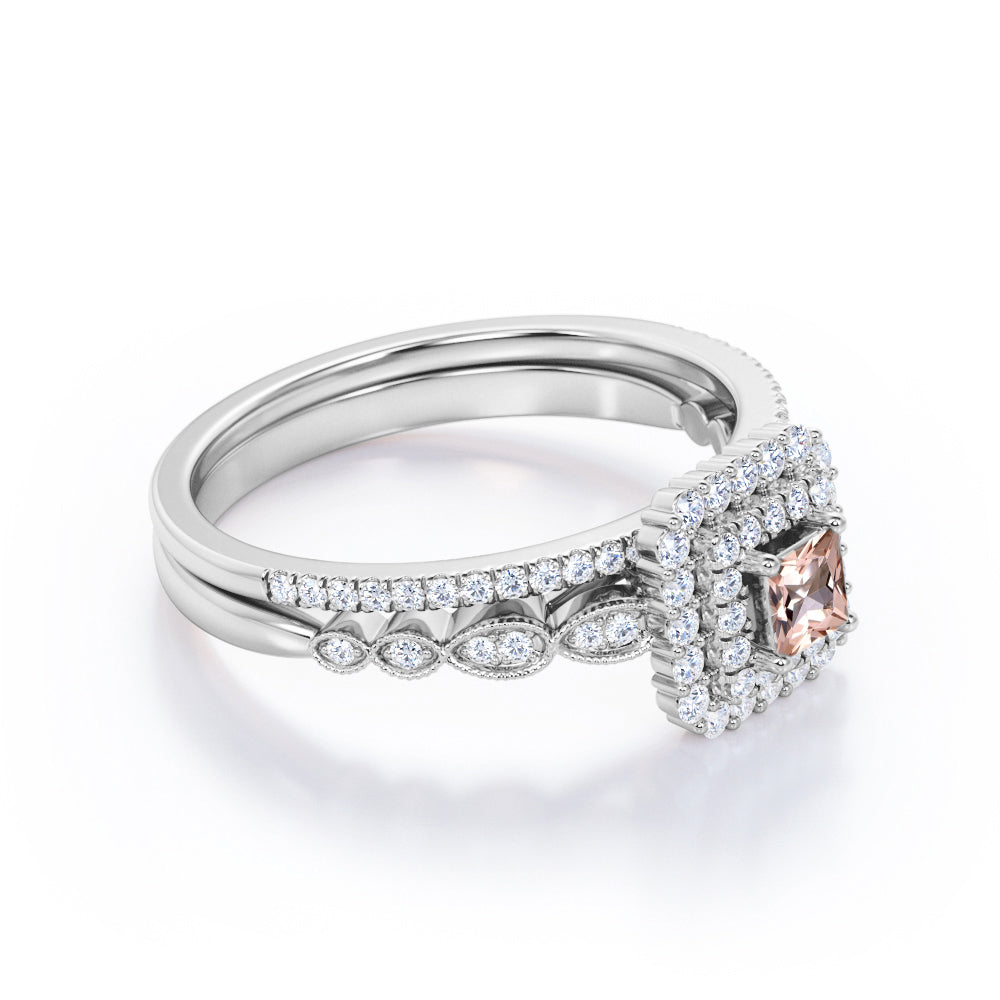 Intricate Double Halo 1.5 carat Princess cut Morganite and diamond Milgrain pave engagement ring set for women in yellow gold