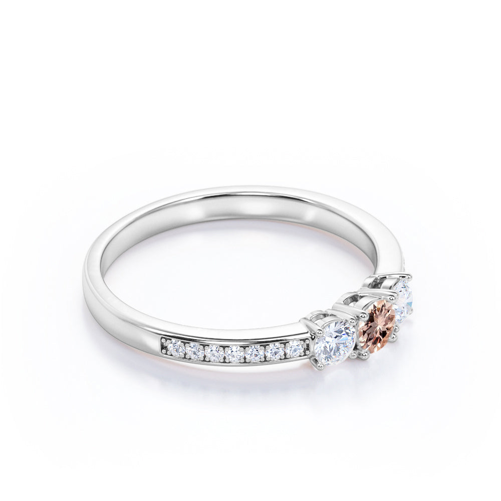 Classic three stone 0.75 carat Round cut Pink Morganite and diamond art deco channel engagement ring for her in Rose gold