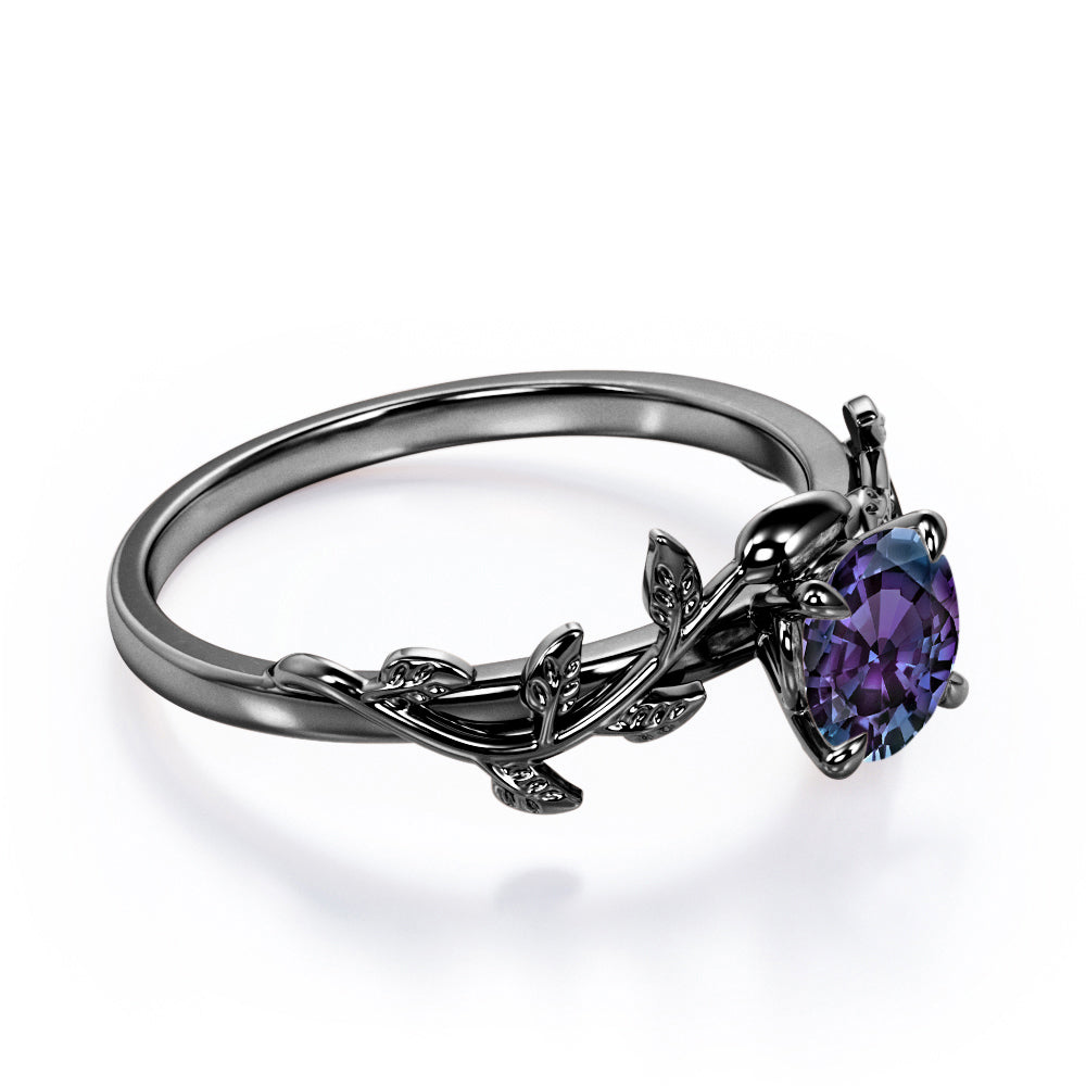 Floral Vine 1 carat Round cut Alexandrite Solitaire engagement ring for women in Rose gold