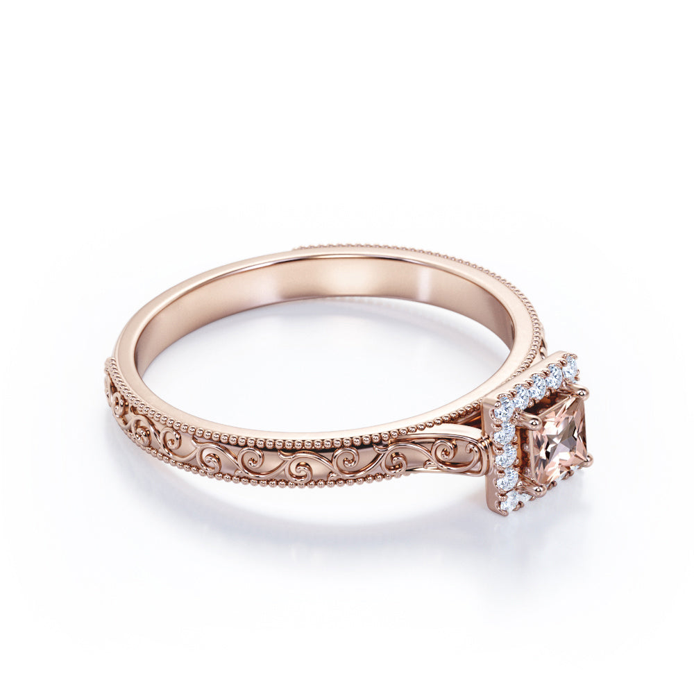 Pave Halo 0.75 carat Princess cut Peach Morganite and diamond ornamental filigree engagement ring in White gold